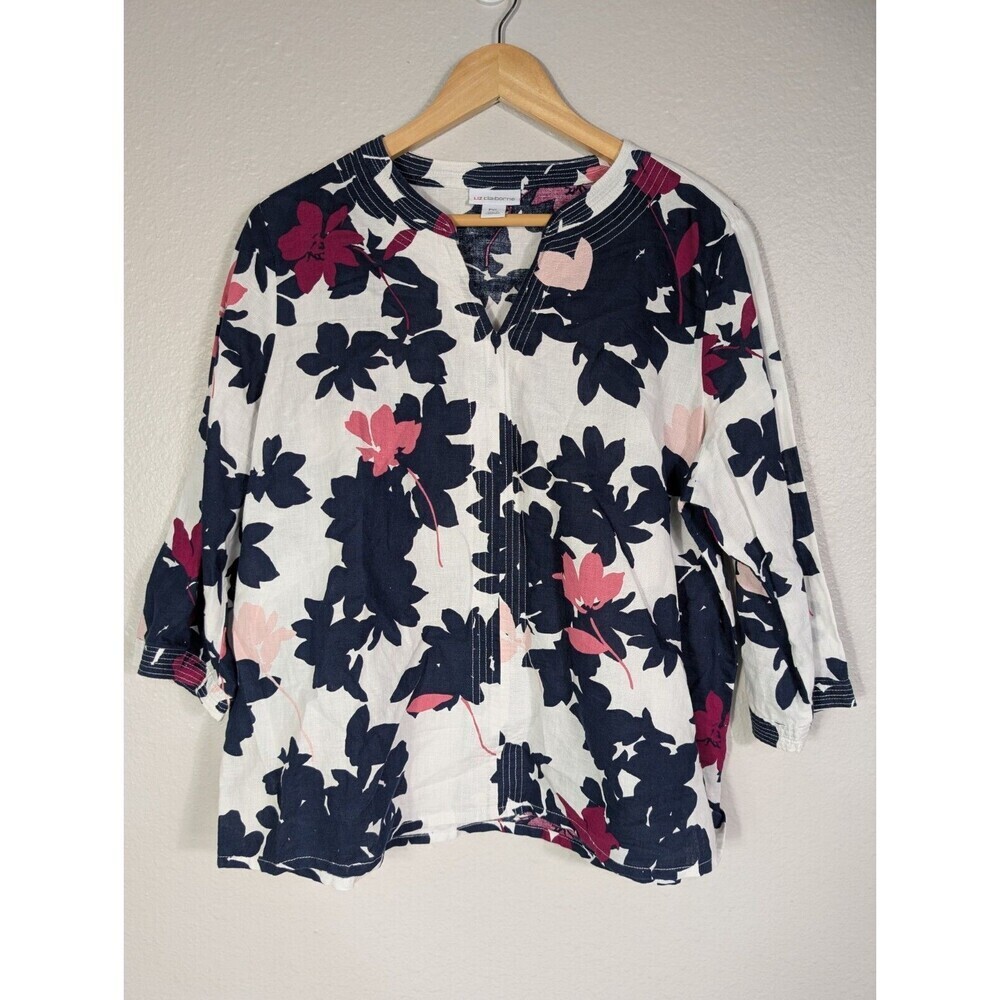 Liz Claiborne XL‎ Petite Linen Blend Floral V Neck Blouse